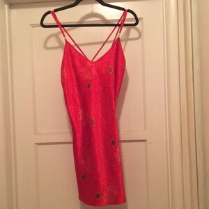 Red Kimono Robe paired with intimate gown with spaghetti straps